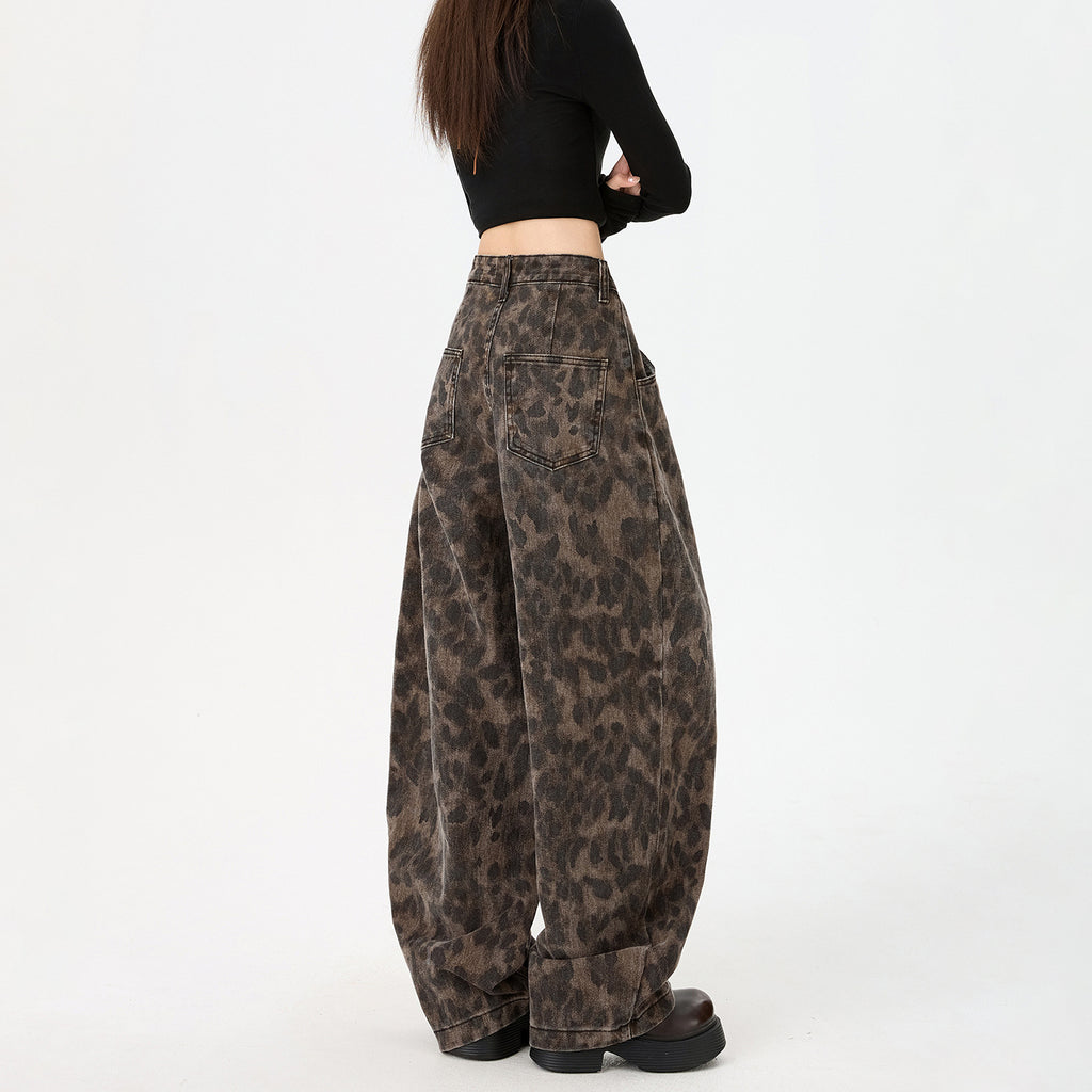 Leopard Print Knife Cut Jeans Women Pants
