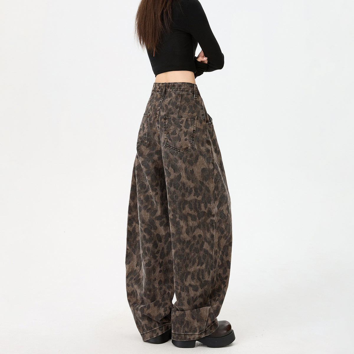 Leopard Print Knife Cut Jeans Women Pants