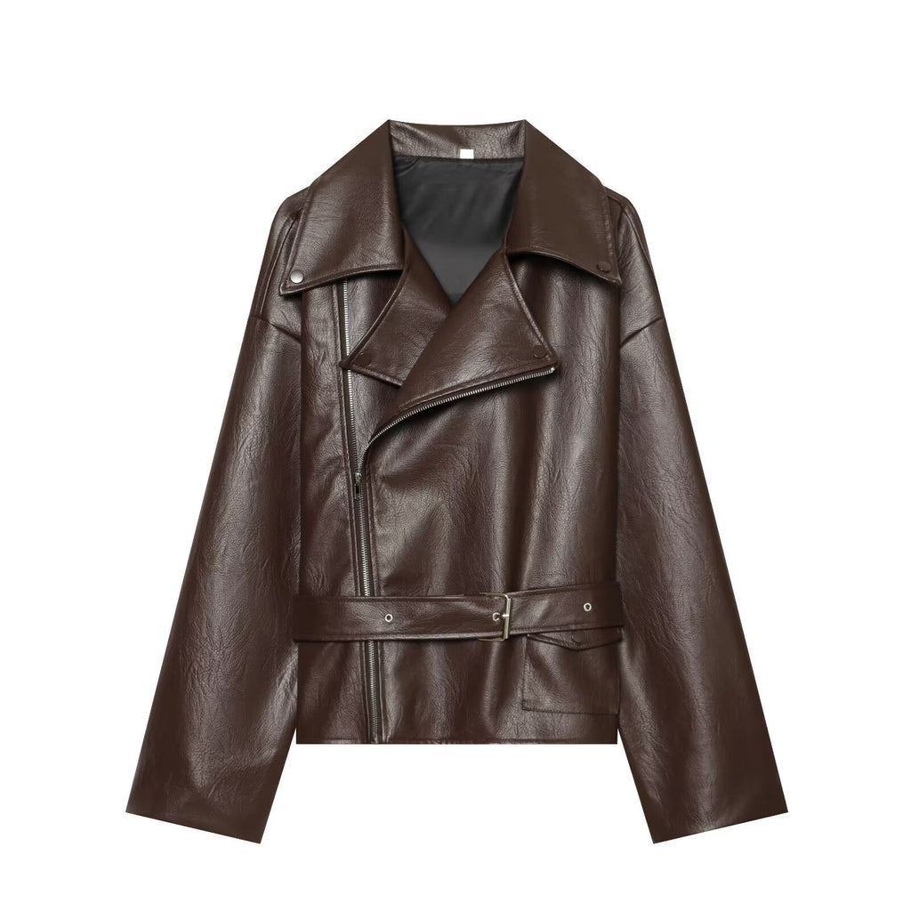 Veste femme en similicuir à col tailleur – Rouge foncé