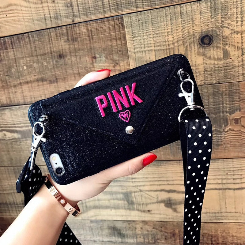 Luxury PINK Glitter Embroidery Leather Case for iPhone 7 7Plus Fashion Wave Point Lanyard Case For iphone XS Max X 8 6 6s Plus