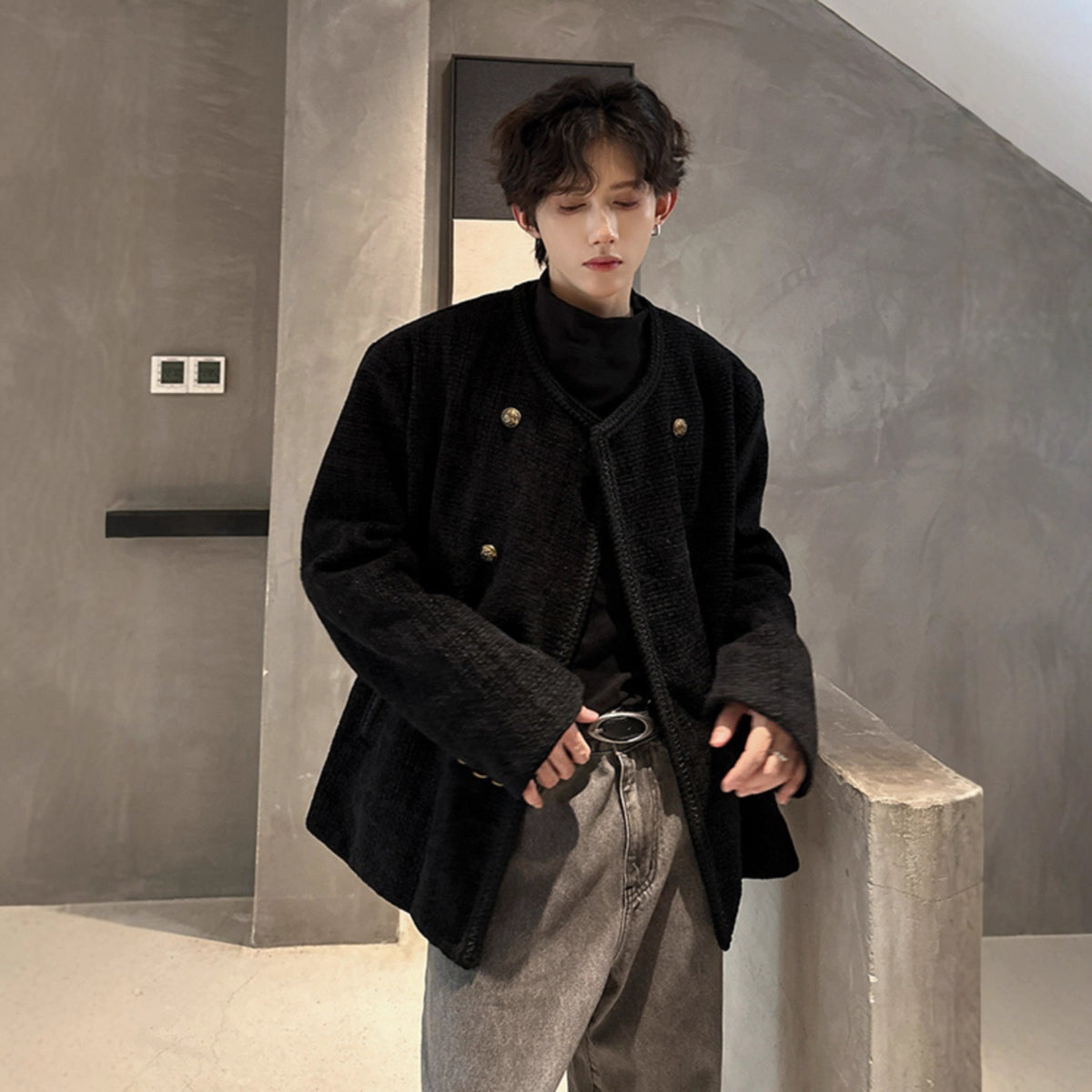 Chic Wool Blazer Men Double Breasted Casual Loose Jacket