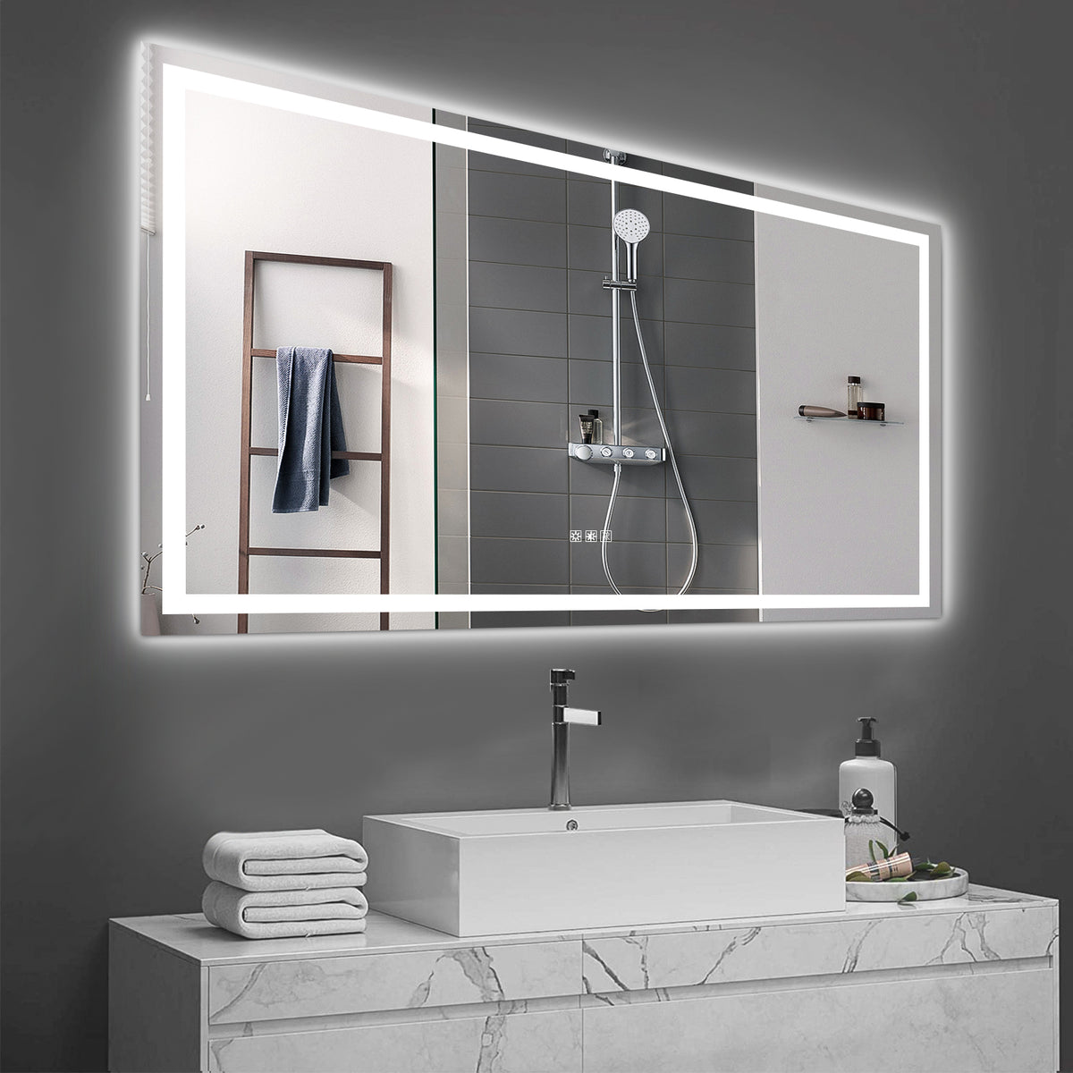 Grand miroir LED de salle de bain 72 × 36 pouces – Anti-buée et intensité réglable