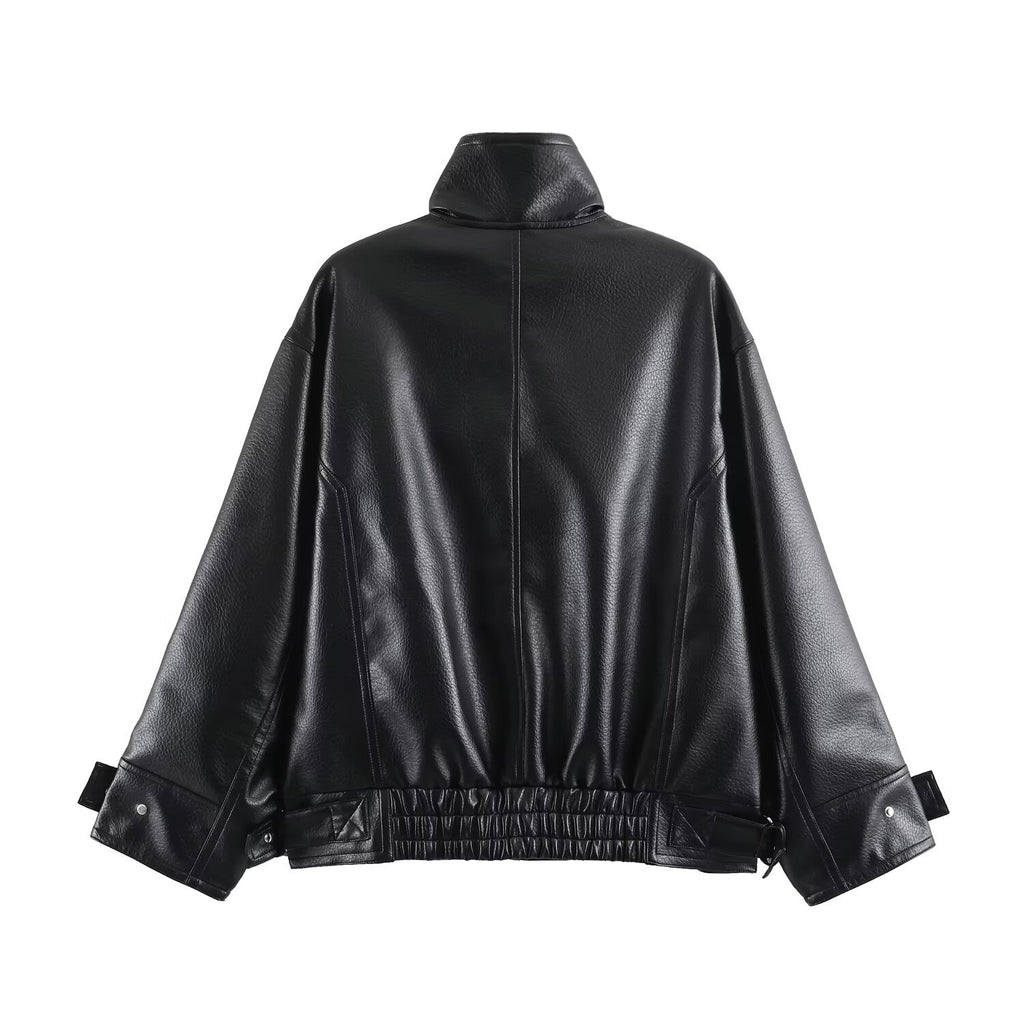 Veste femme effet cuir zippée à col montant – Noir
