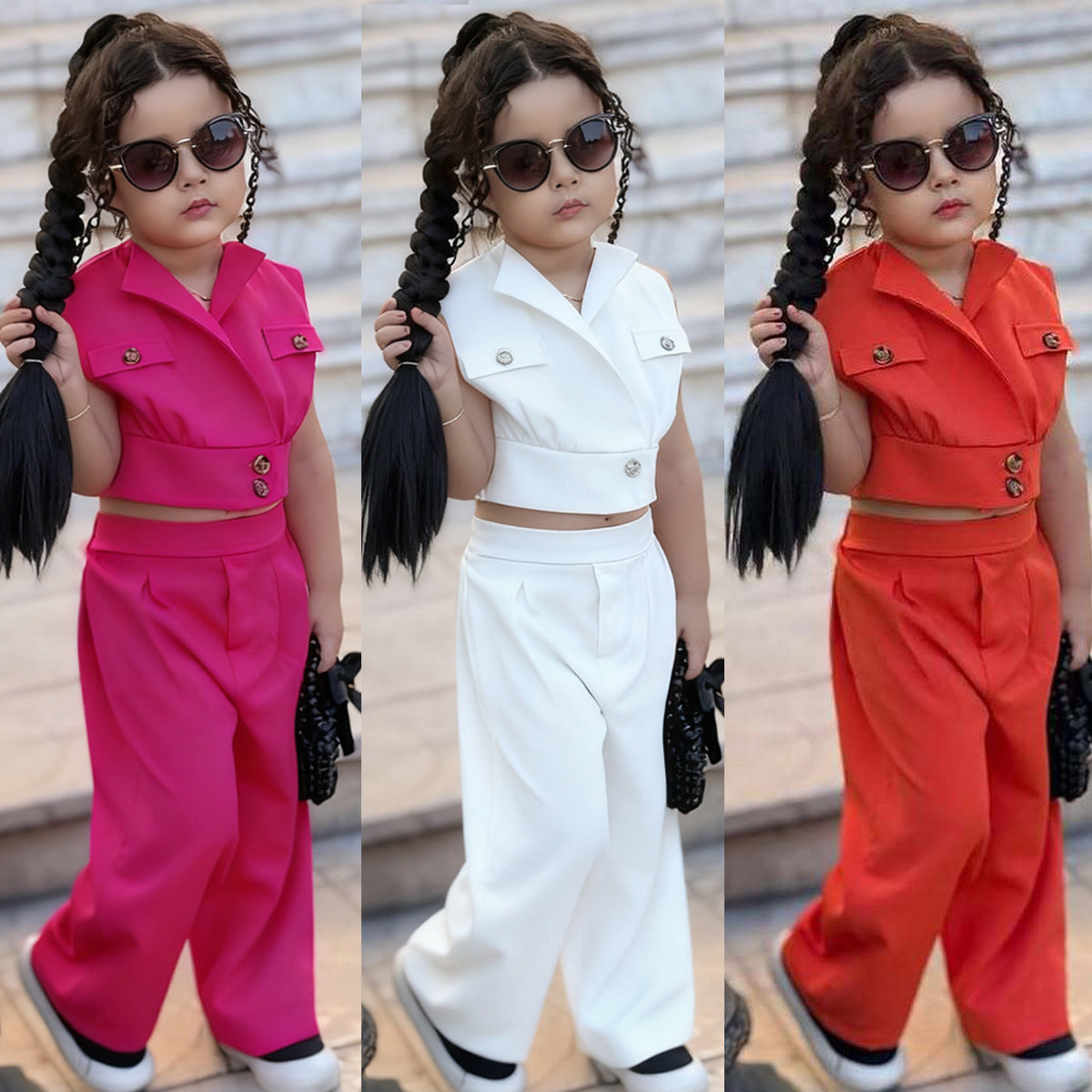 Casual Two-Piece Set for Girls Summer Outfit Jacket Vest with Buttons Blazer Pants Kids Fashion Suit