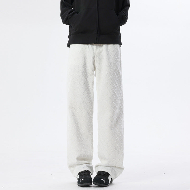 Casual Straight Leg Jeans for Men, White Checkered Denim Pants