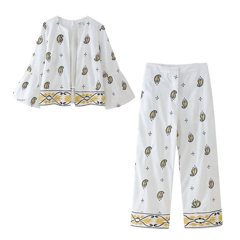 Elegant Embroidered Blazer and Wide-Leg Pants Set Style Fashion Casual Women's Suit