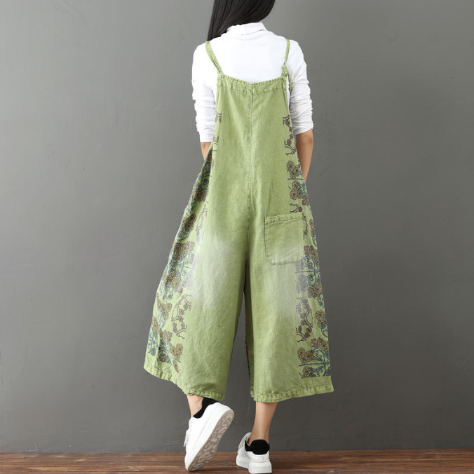 Printed drawstring distressed white jeans casual women oversized suspender pants