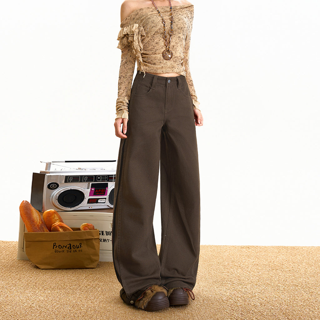Brown Knife-Edge Jeans Women Vintage Pants