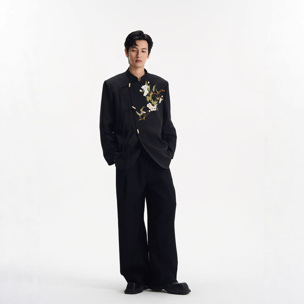 New Chinese Style Floral Embroidery DK Suit Jacket for Men Autumn/Winter Wedding AttireCasual Blazer