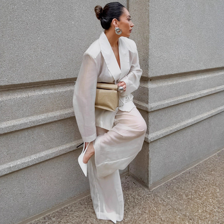 Women's Suit Set High-Grade  Rayon Thin Micro-Transparent Minimalist Temperament Blazer and Long Pants Two-Piece Set