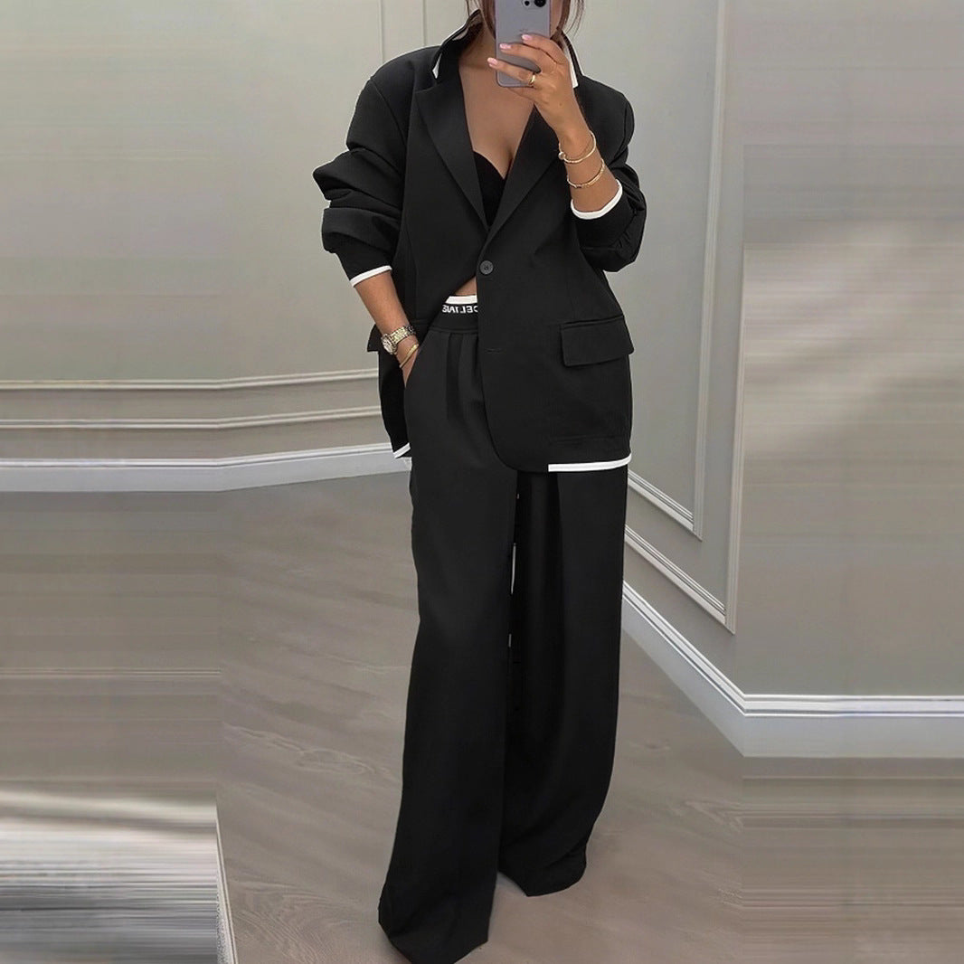 Autumn/Winter New Women's Fashion Long Sleeve Blazer Casual Wide Leg Pants Suit Set
