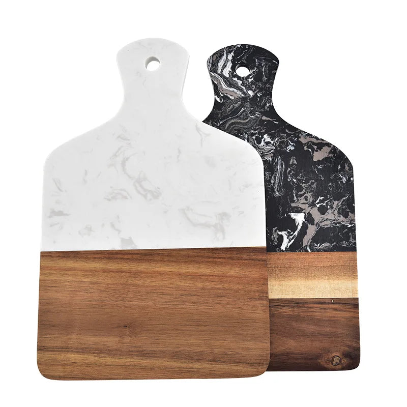 Planche à découper en bois d’acacia et marbre – Plateau de service antidérapant