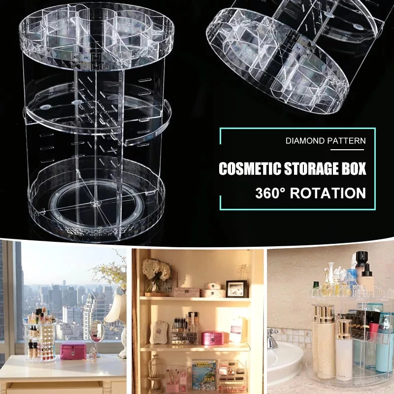 360 Degree Rotating Makeup Storage Rack Height Adjustable Cosmetics Organizer Assembly Skin Care Holder Bathroom Display Case
