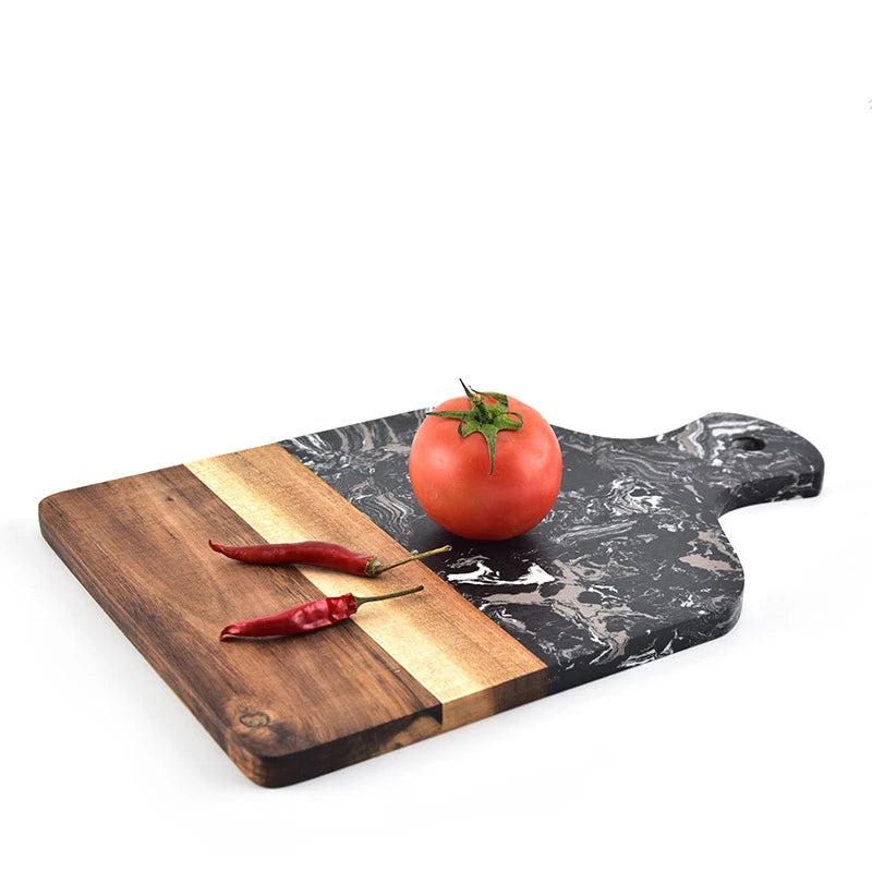 Planche à découper en bois d’acacia et marbre – Plateau de service antidérapant