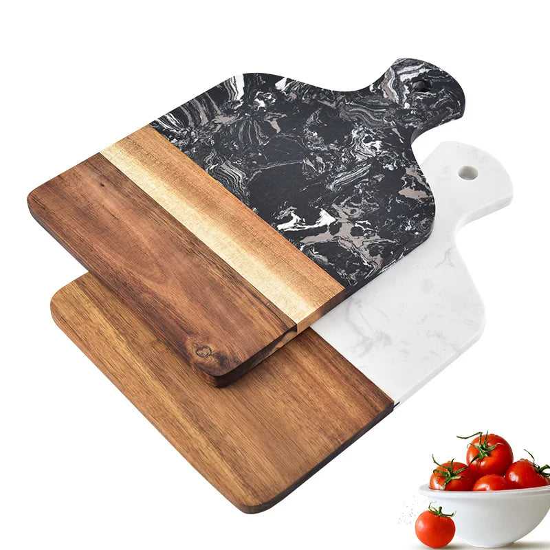 Planche à découper en bois d’acacia et marbre – Plateau de service antidérapant