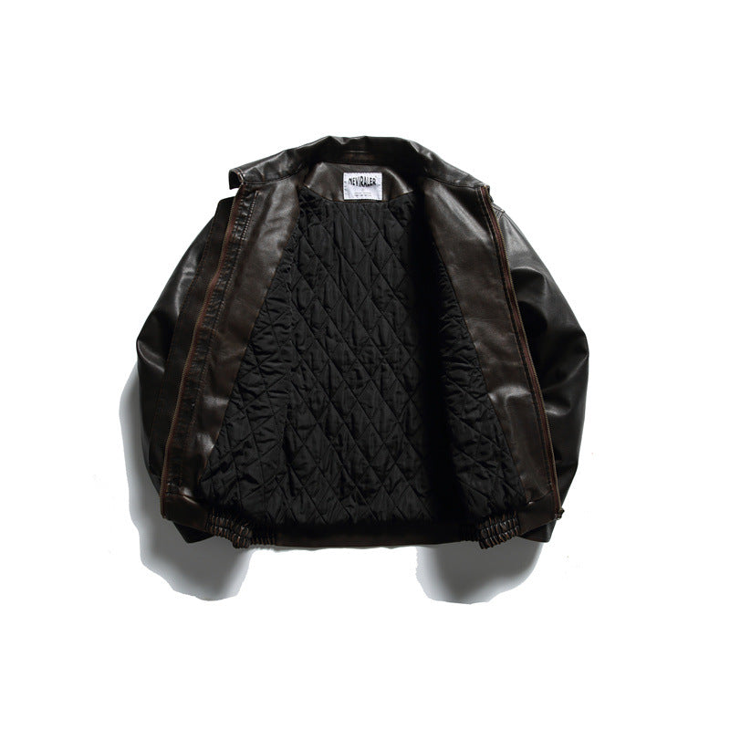 Washed PU Leather Cotton Coat for Men, Casual Warm Winter Jacket